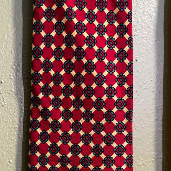 Franco Bassi Red & Gold Silk Tie with Teal Geometric Pattern – Made in Italy - Picture 1 of 4